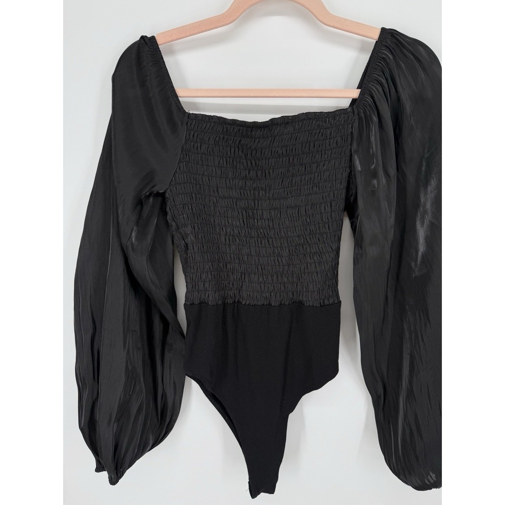 Lulus Black Smocked Square Neck Bodysuit with Satin Balloon Sleeves & Cutout M - Picture 5 of 6